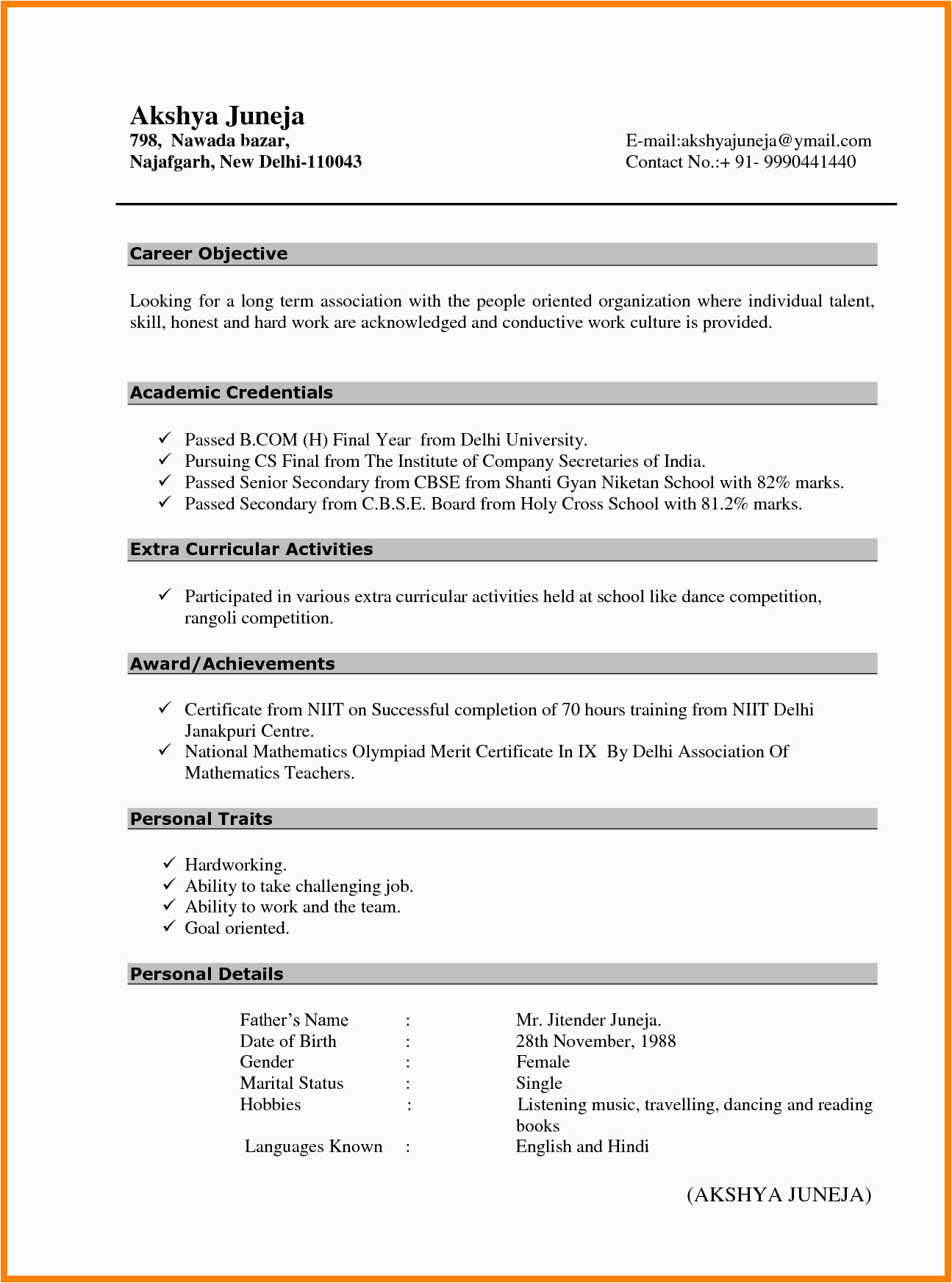 Sample Resume format for Bcom Freshers Freshers B Cv format