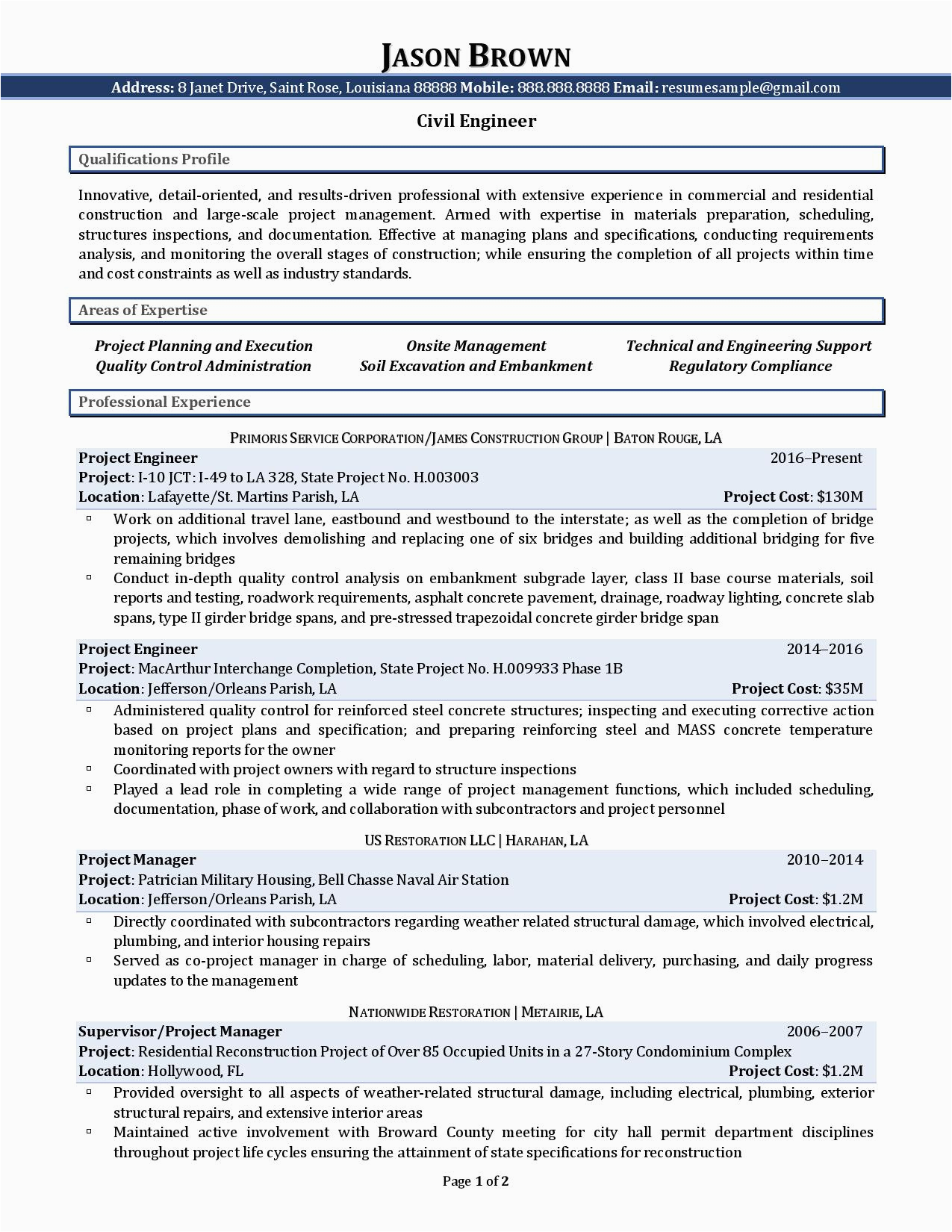 Sample Resume format for Civil Engineers Civil Engineer Resume Examples