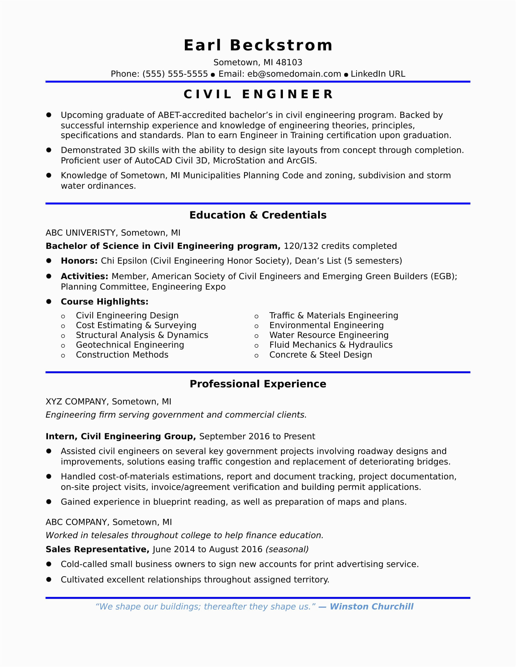 Sample Resume format for Civil Engineers Sample Resume for An Entry Level Civil Engineer