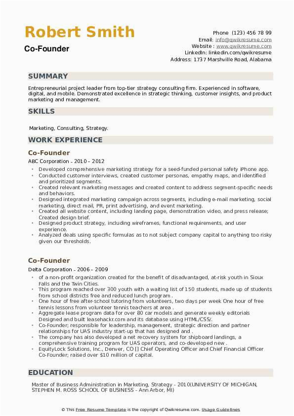 Sample Resume Of A Co Founder Co Founder Resume Samples