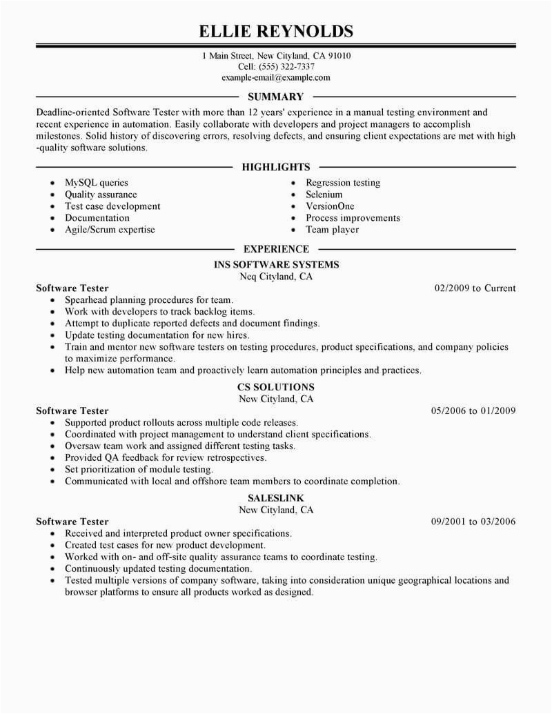 Sample Resume Of A software Tester Best software Testing Resume Example