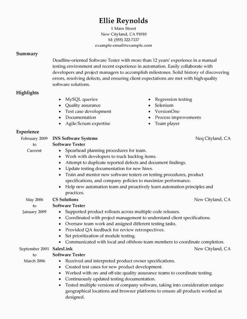 Sample Resume Of A software Tester Best software Testing Resume Example