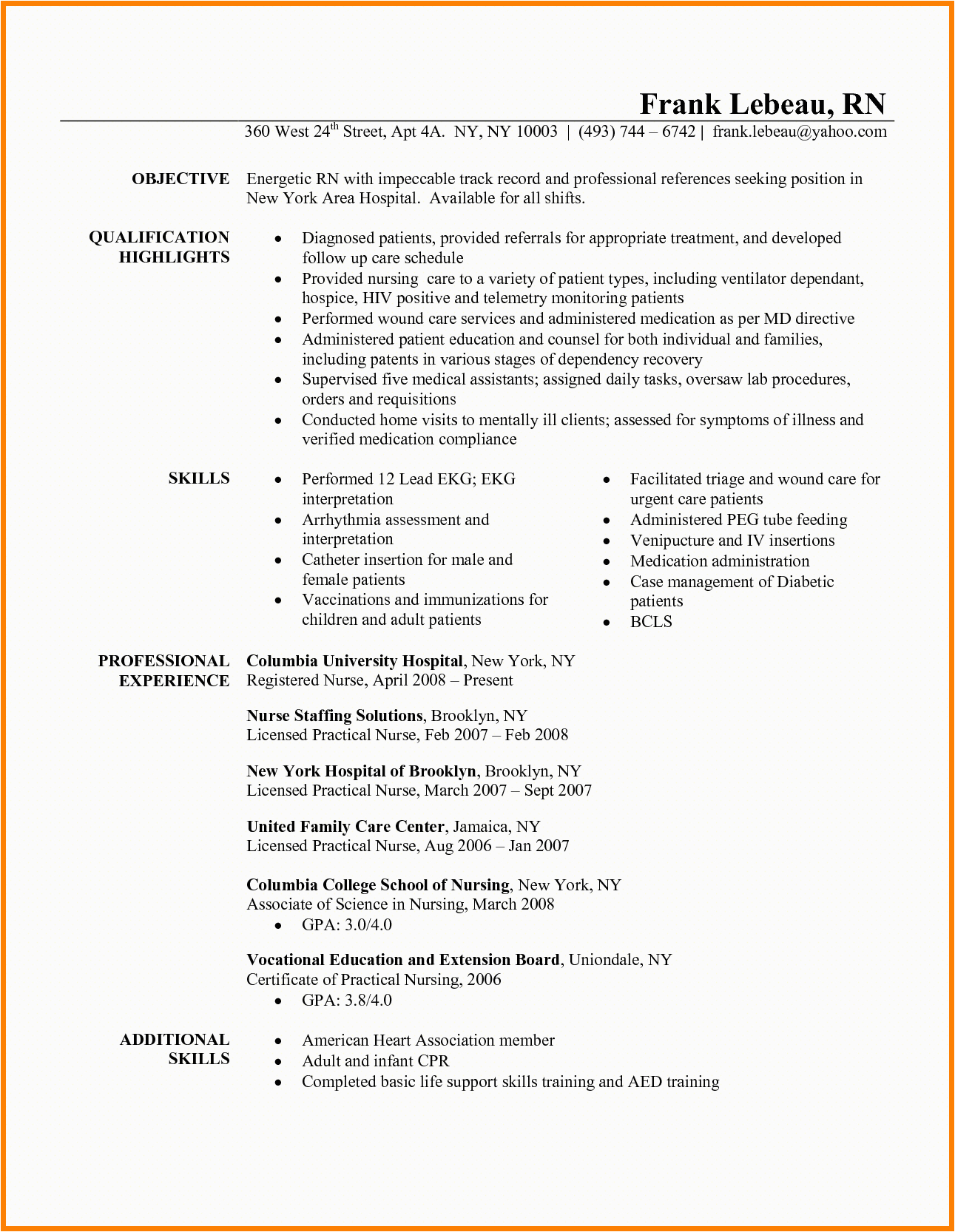 Sample Rn Resume 1 Year Experience 7 Telemetry Nurse Resume