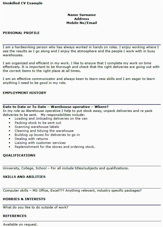 Samples Of Resumes for Older Workers Unskilled Cv Example for Workers Icoveruk