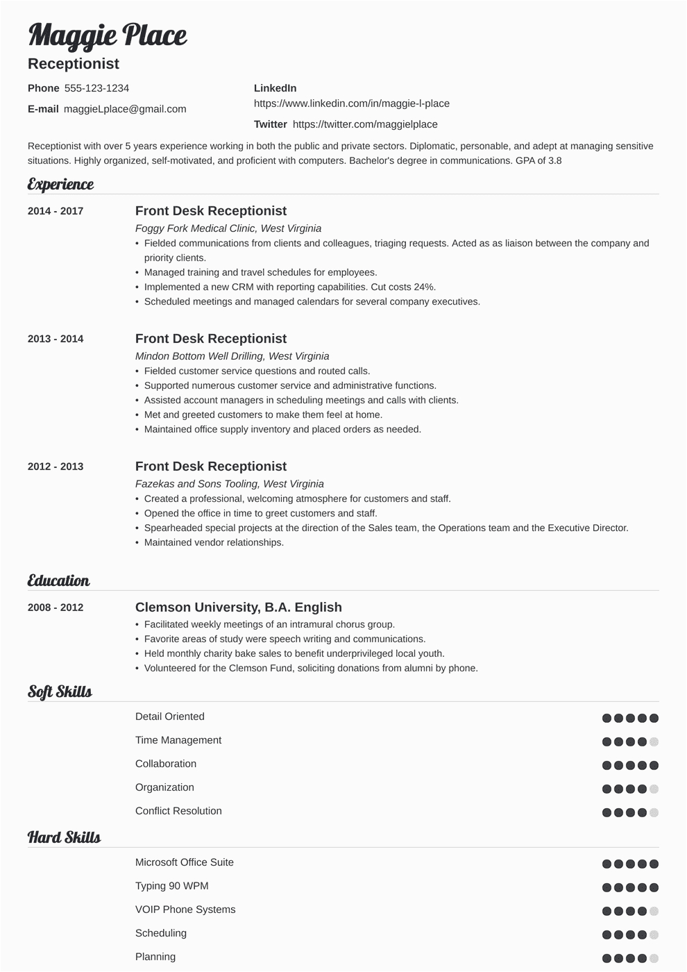 Samples Of Resumes for Receptionist Position Receptionist Resume