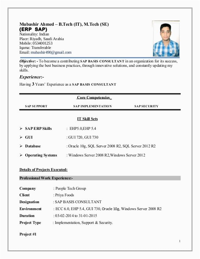Sap Basis Sample Resume for 3 Years Experience Mubashir Ahmed Erp Sap Basis Consultant Resume with 3 Yr Exp