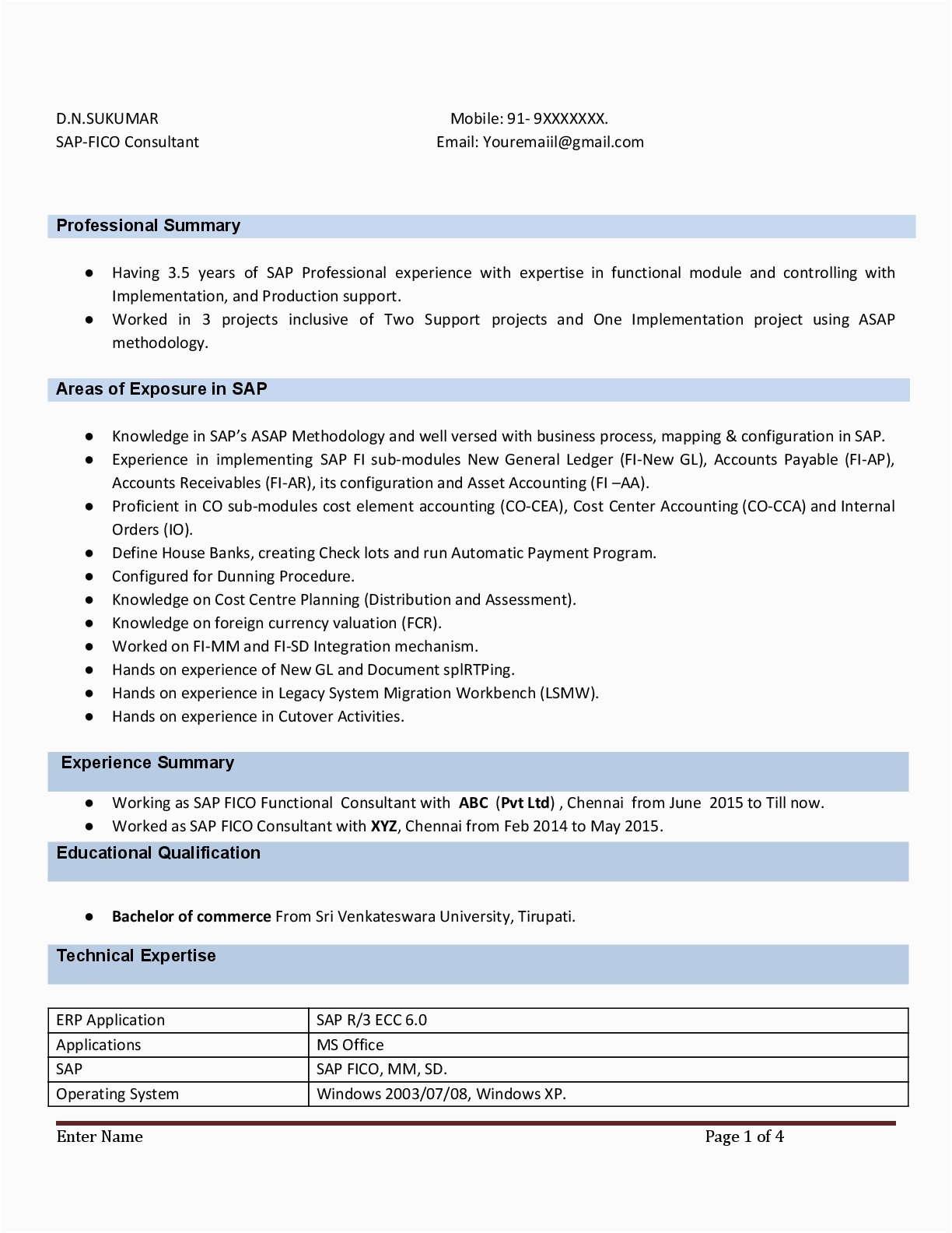 Sap Basis Sample Resume for 3 Years Experience Sap Fico Resume Sample Resume Sample