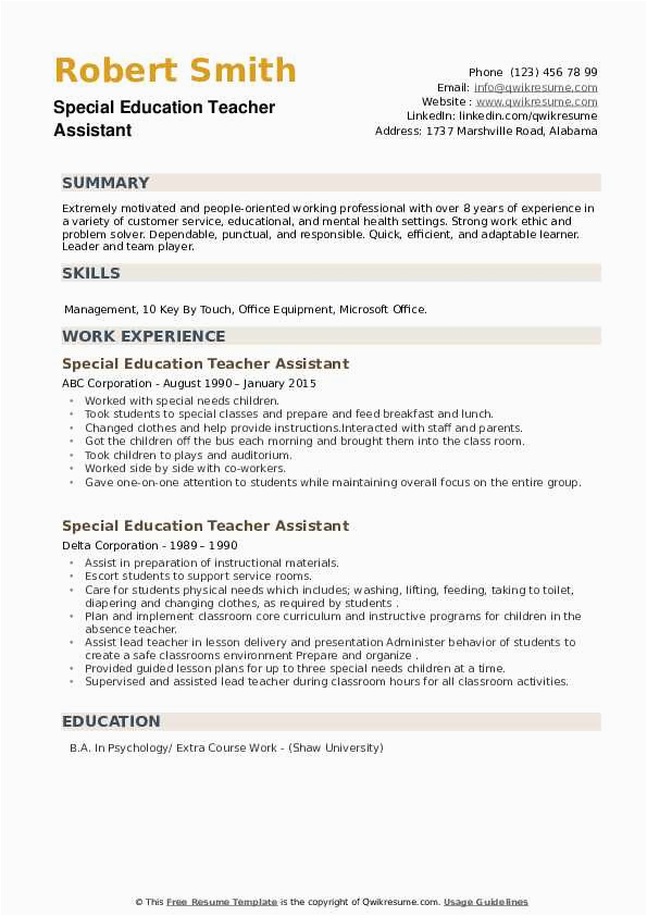 Special Education Teacher Aide Resume Samples Special Education Teacher assistant Resume Samples
