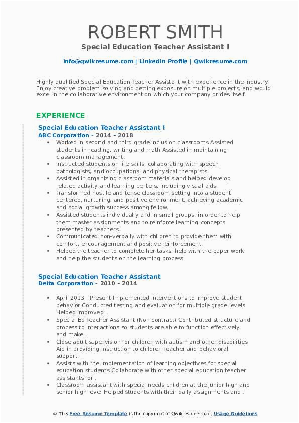 Special Education Teacher Aide Resume Samples Special Education Teacher assistant Resume Samples