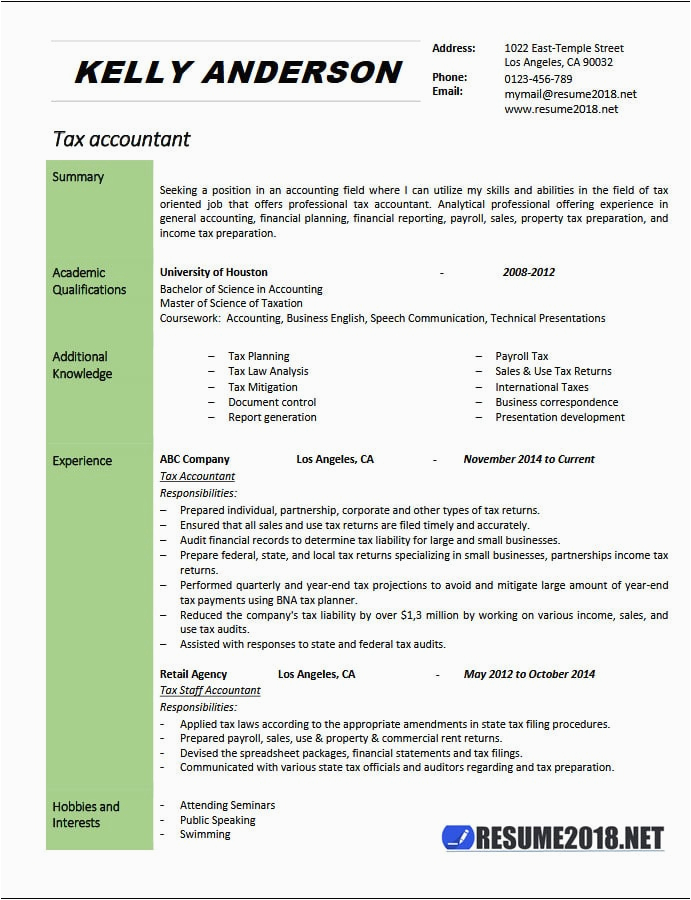 Accounting Resume Samples 2018 In India Tax Accountant Resume Example 2018 Resume 2018