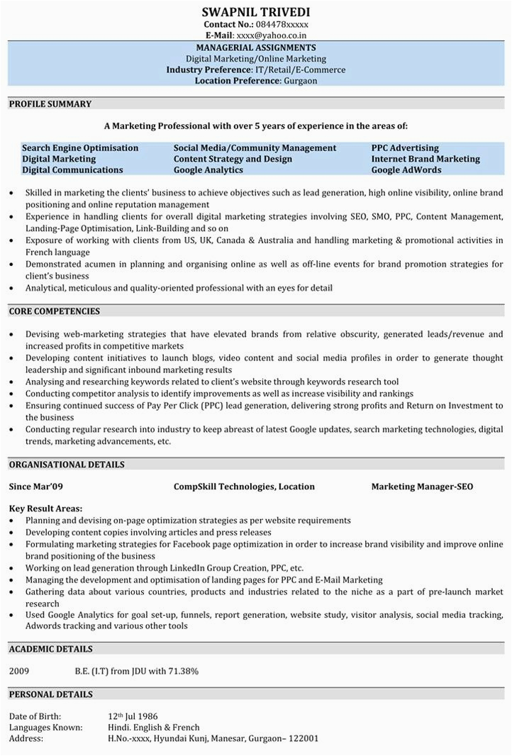 Digital Marketing Resume Sample for Experienced Resume format for 5 Years Experience In Marketing
