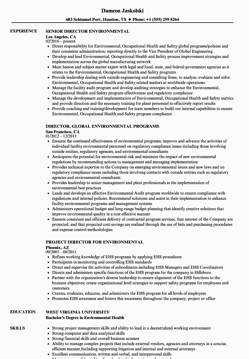 Director Of Environmental Services Resume Sample Environmental Director Resume Samples