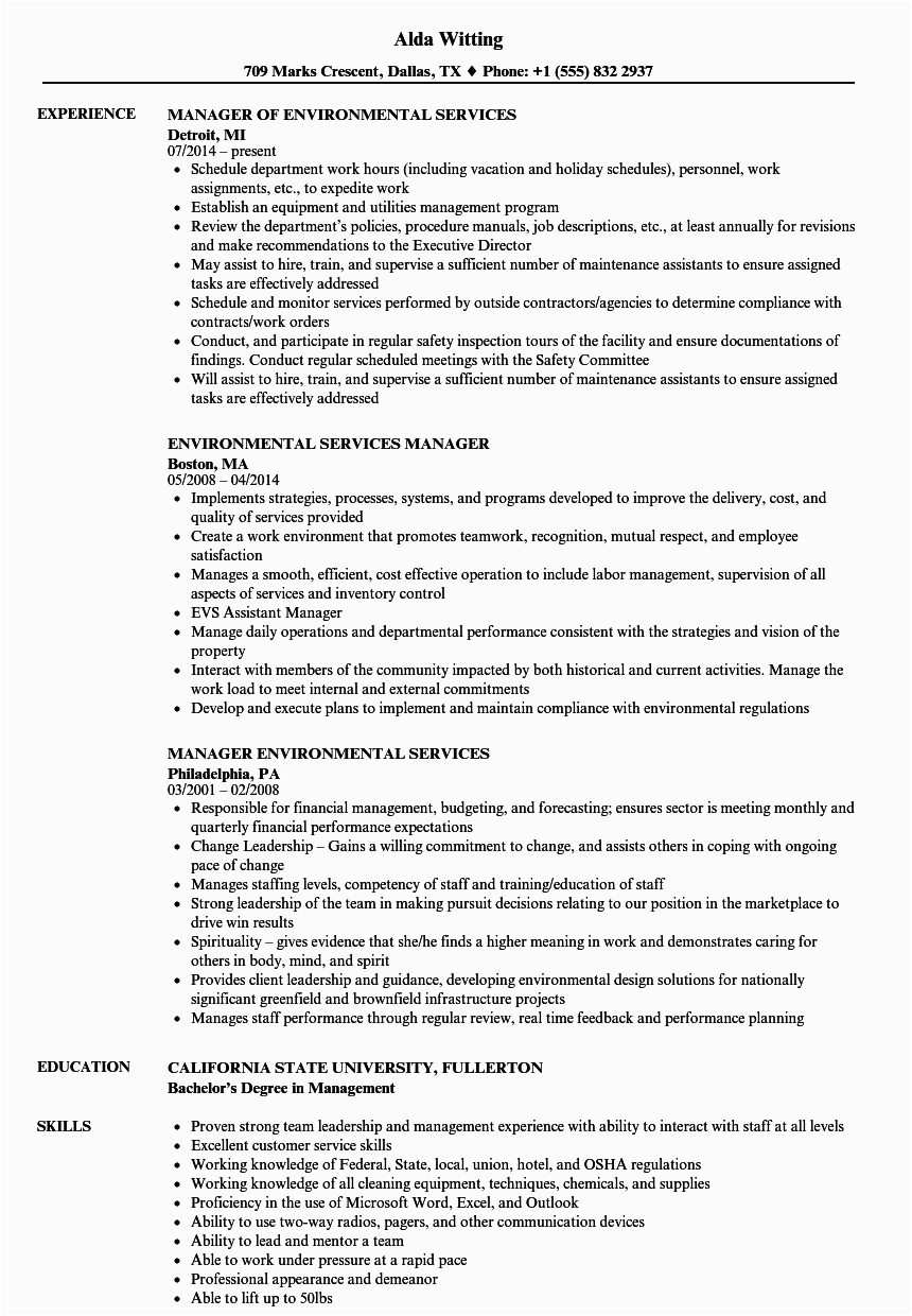 Director Of Environmental Services Resume Sample Environmental Services Manager Resume Samples