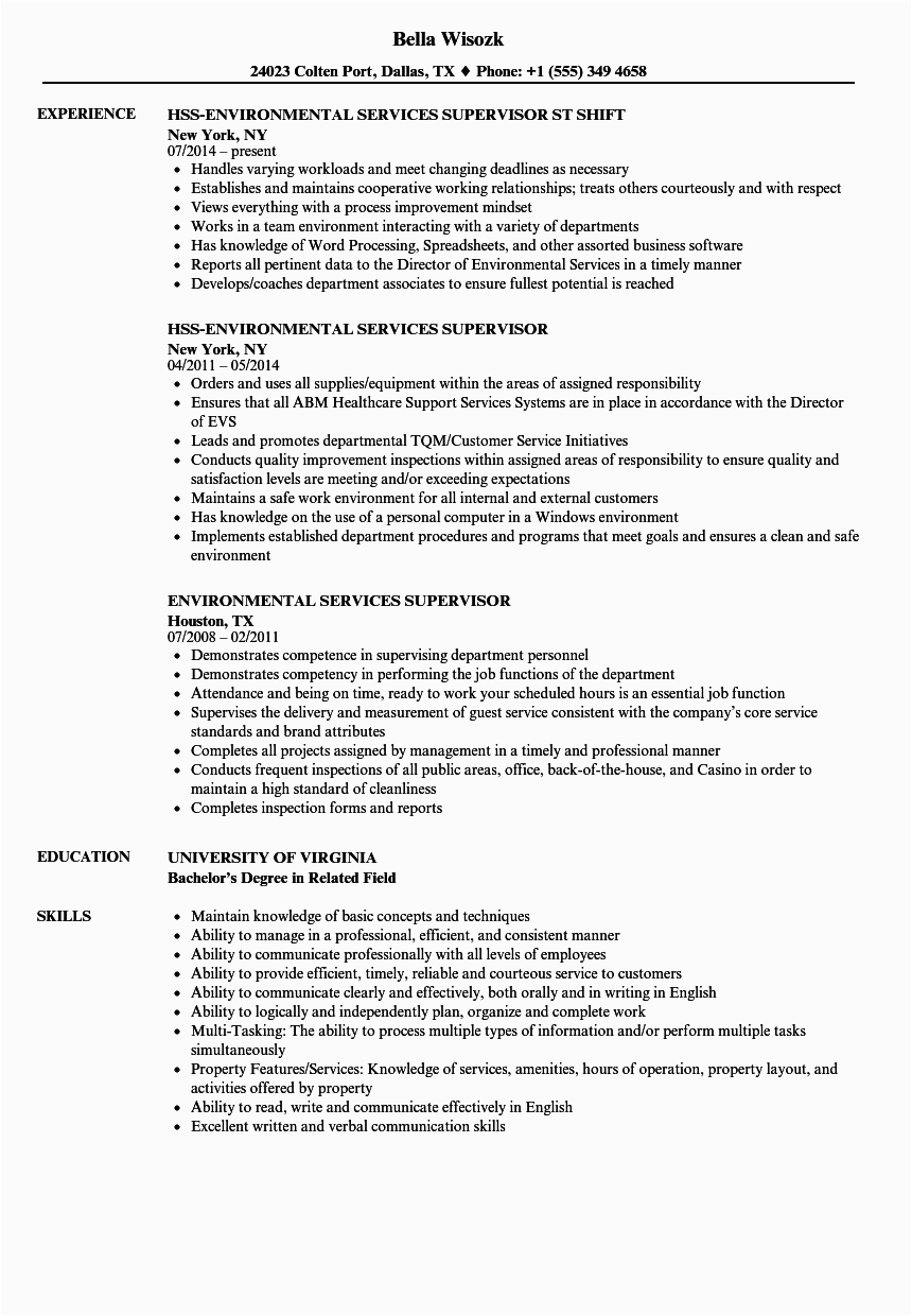 Director Of Environmental Services Resume Sample Environmental Services Supervisor Resume Samples