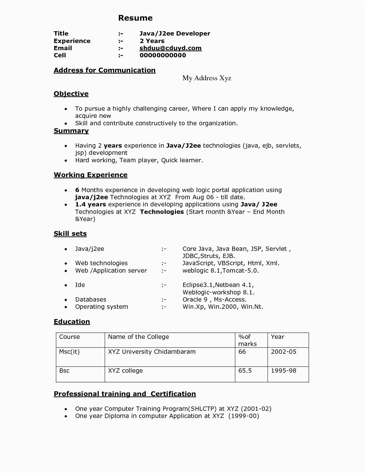 Dot Net Resumes 3 Years Experience Sample asp Net 1 Year Experience Resume Resume for 1 Year