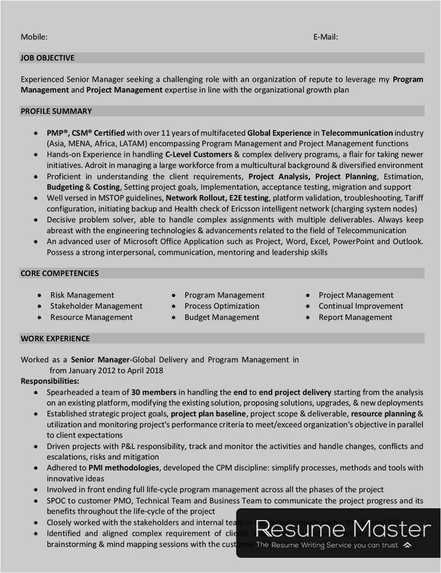 It Project Manager Resume Sample India Tele Project Manager