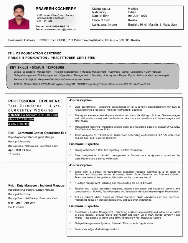 Itil V3 Foundation Certified Sample Resume Praveen Resume