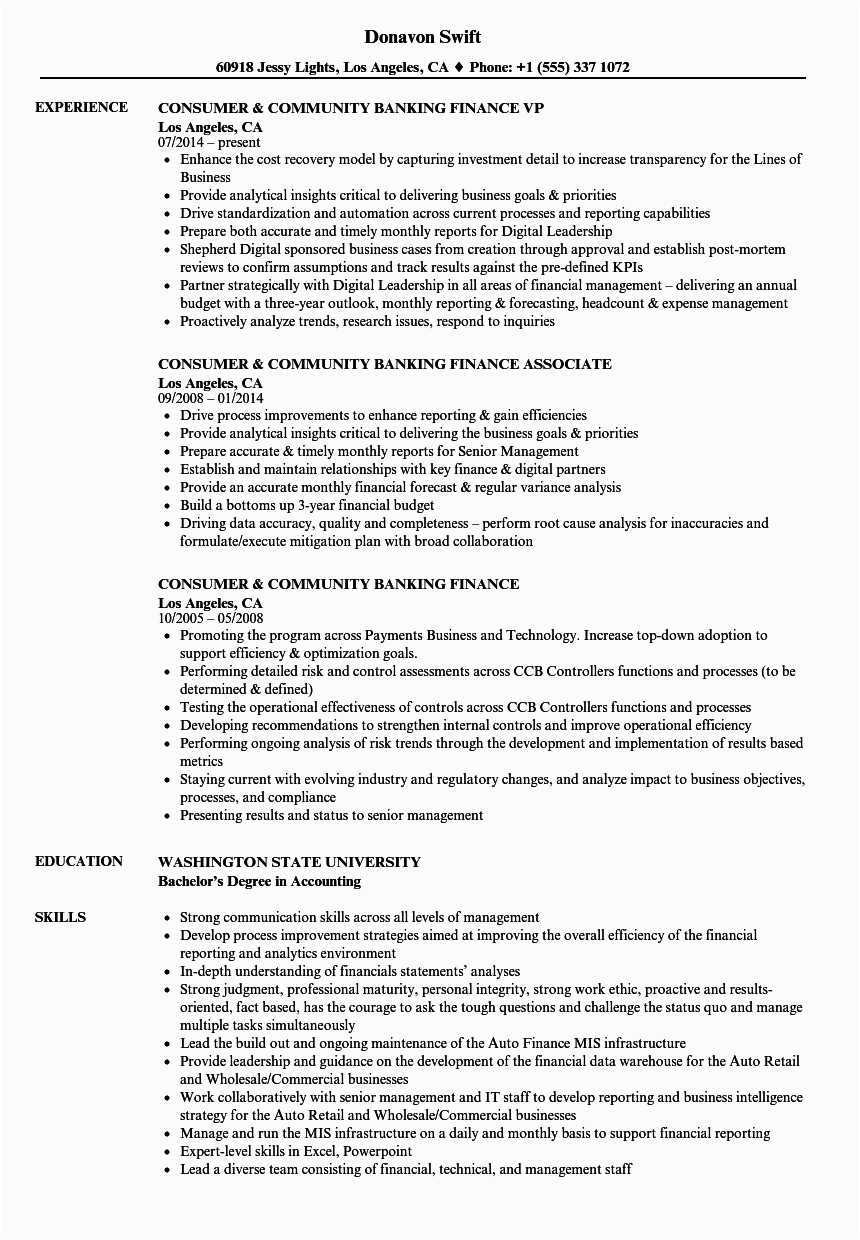 Resume Sample for Banking and Finance Consumer & Munity Banking Finance Resume Samples