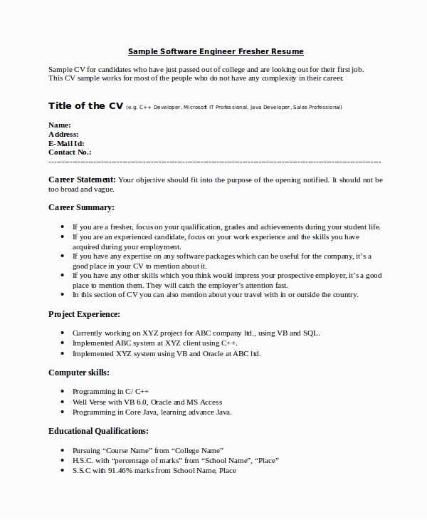 Resume Sample for Fresher software Engineer Free 13 Sample software Engineer Resume Templates In Ms