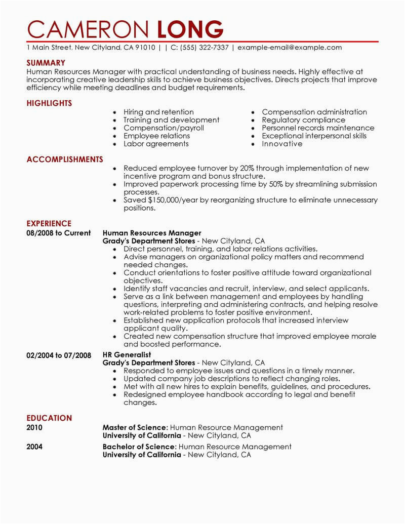 Resume Sample for Human Resource Position Best Human Resources Manager Resume Example