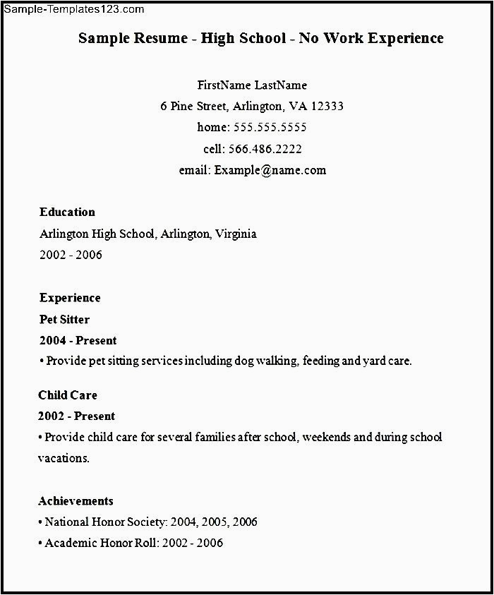 Resume Sample No Experience High School High School Resume with No Work Experience Sample