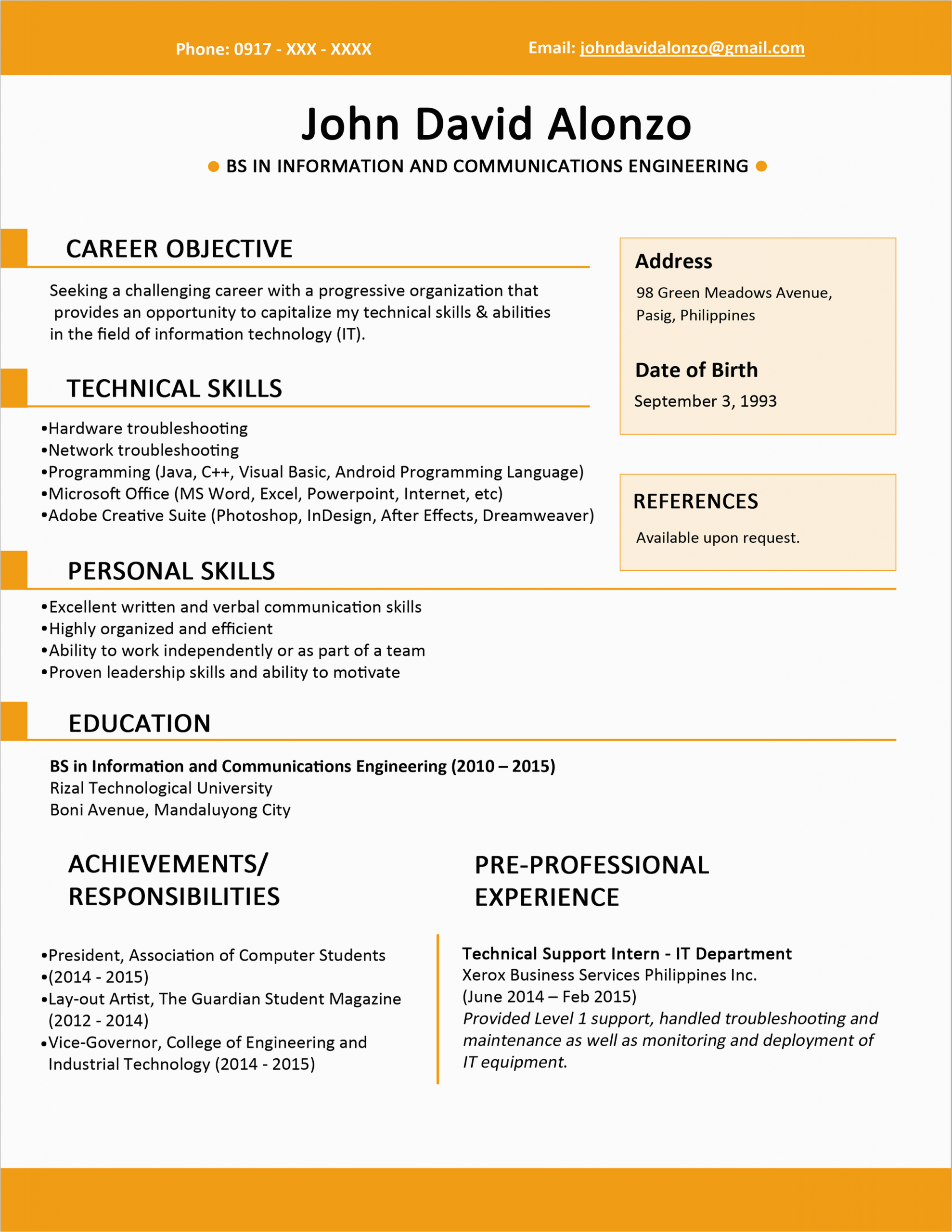 Resume Sample Objective for Fresh Graduate Sample Resume format for Fresh Graduates E Page format