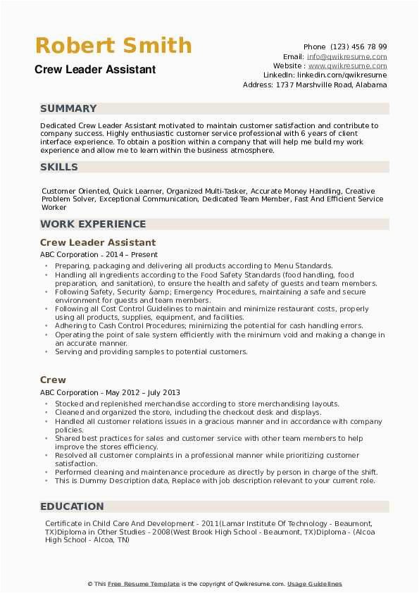 Resume Sample Objective for Service Crew Crew Resume Samples