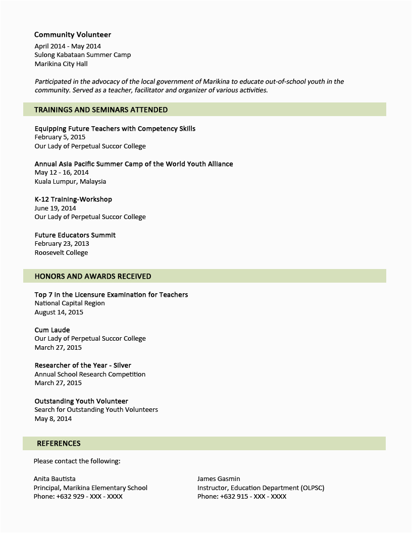 Resume Sample Training and Seminars attended Sample Resume format for Fresh Graduates Two Page format