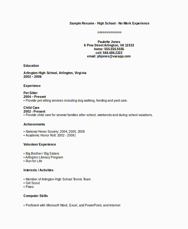 Resume Sample with No Experience High School Grade 10 Teenager High School Student Resume with No Work