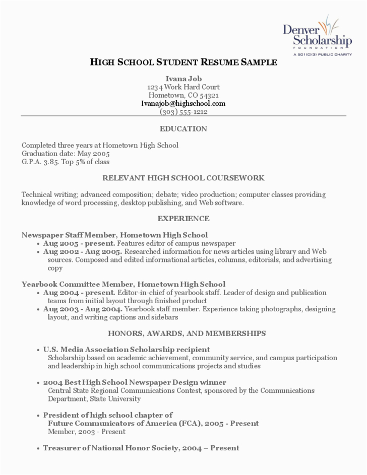 Resume Samples for A High School Student High School Student Resume Sample Free Download