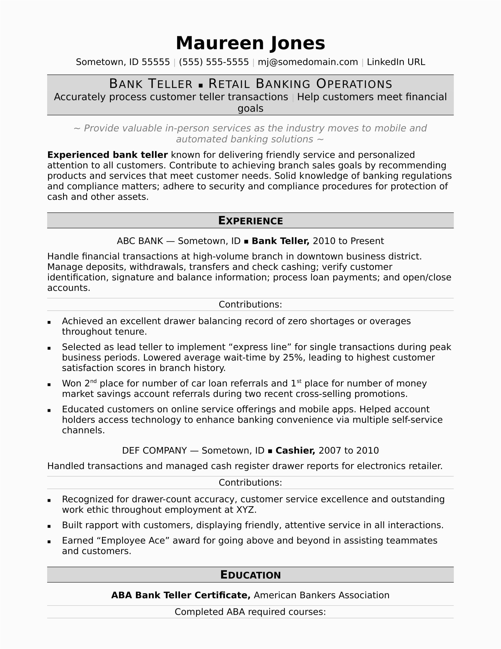 Resume Samples for Bank Teller Positions Bank Teller Resume Sample