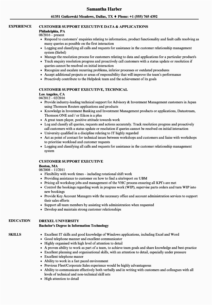 Resume Samples for Customer Service Executive Customer Support Executive Resume Samples