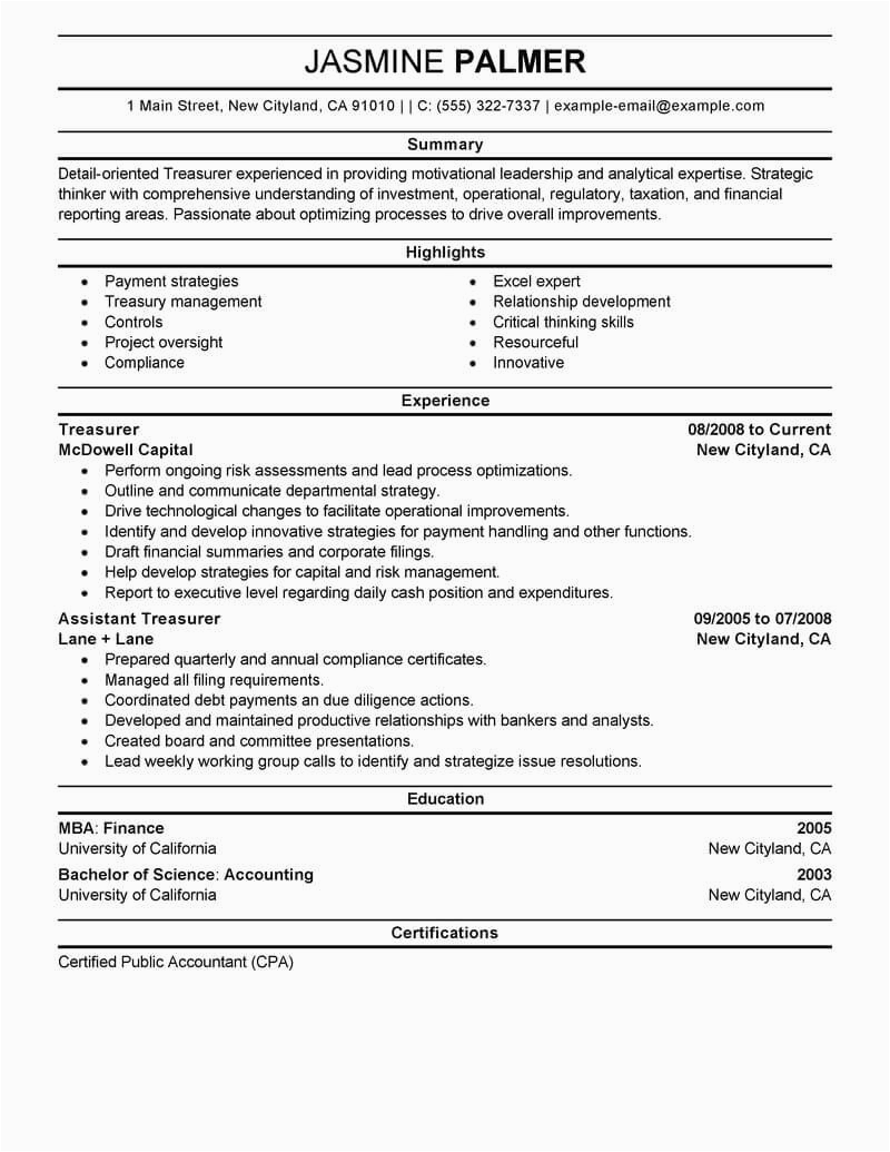 Resume Samples for Experienced Finance Professionals Best Treasurer Resume Example From Professional Resume