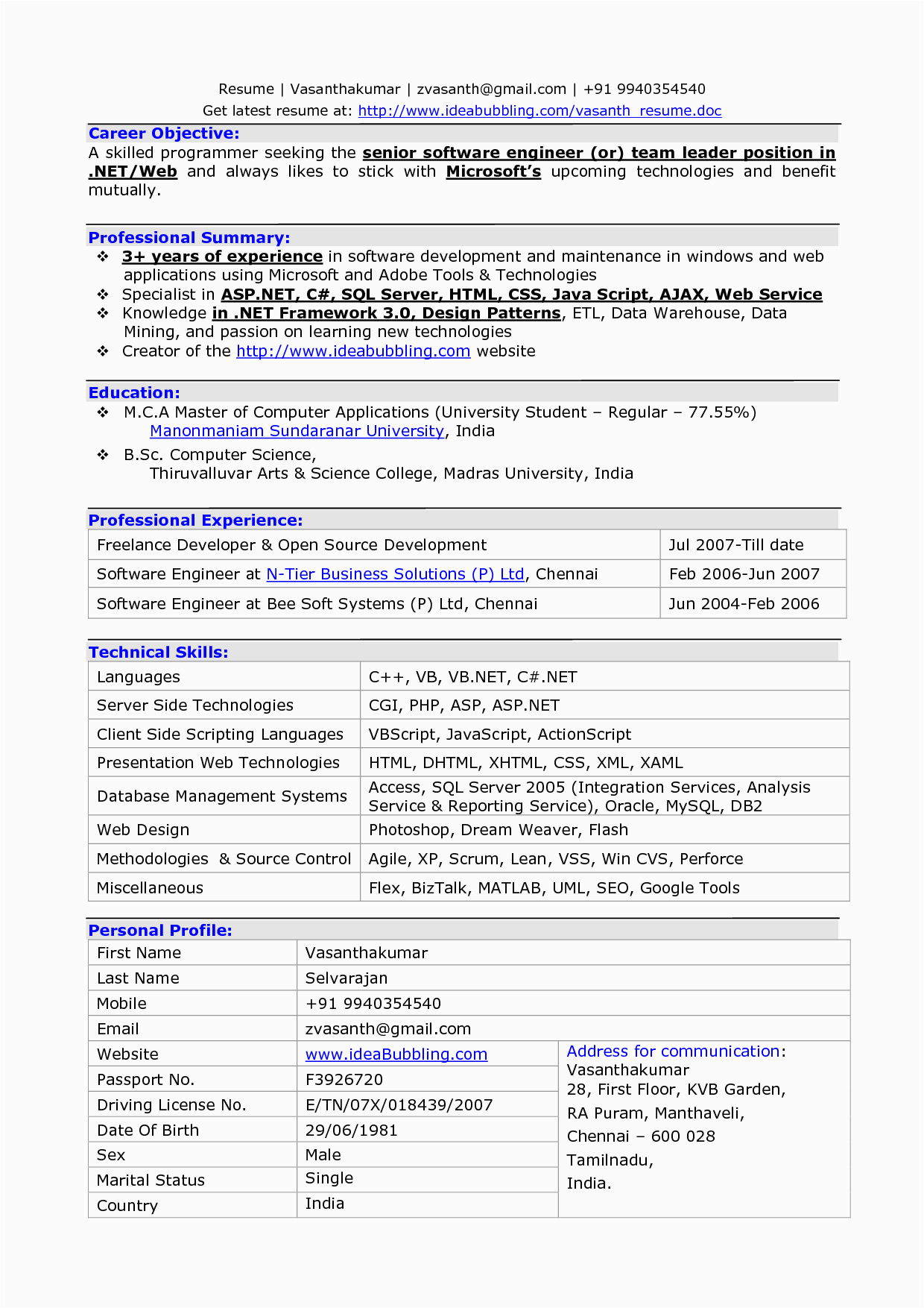 Resume Samples for Experienced software Developer for 6 Months Experienced software Engineer