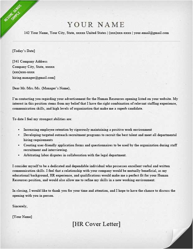 Sample Cover Letter for Resume Human Resources Manager Human Resources Cover Letter Sample