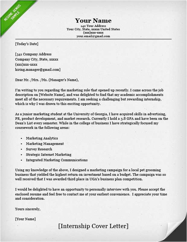 Sample Cover Letter for Resume Internship Internship Cover Letter