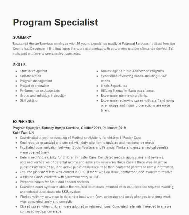 Sample Federal Resume for Program Specialist Program Specialist Resume Example Administration for