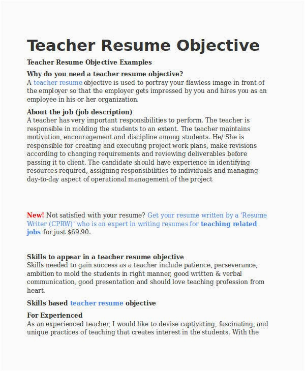 Sample Of Objectives In Resume for Teachers Teacher Resume Sample 37 Free Word Pdf Documents