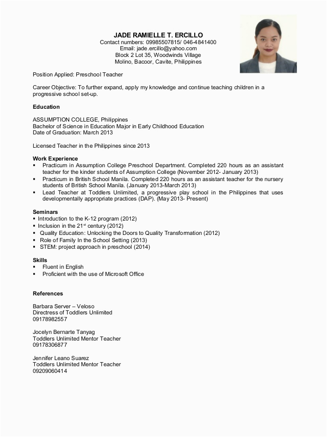 Sample Of Resume for Applying Teaching Job Resume for Applying Teacher In Philippines