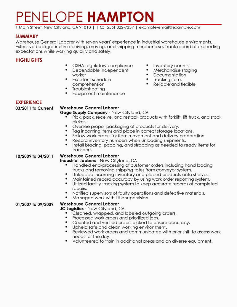 Sample Of Resume for General Labor Best General Labor Resume Example