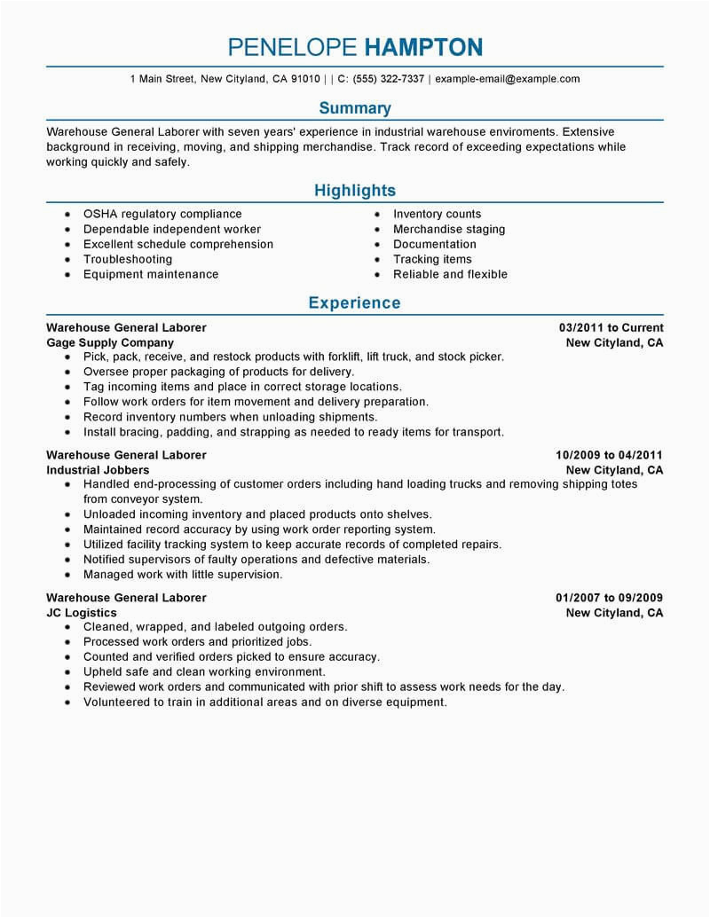 Sample Of Resume for General Labor Best General Labor Resume Example