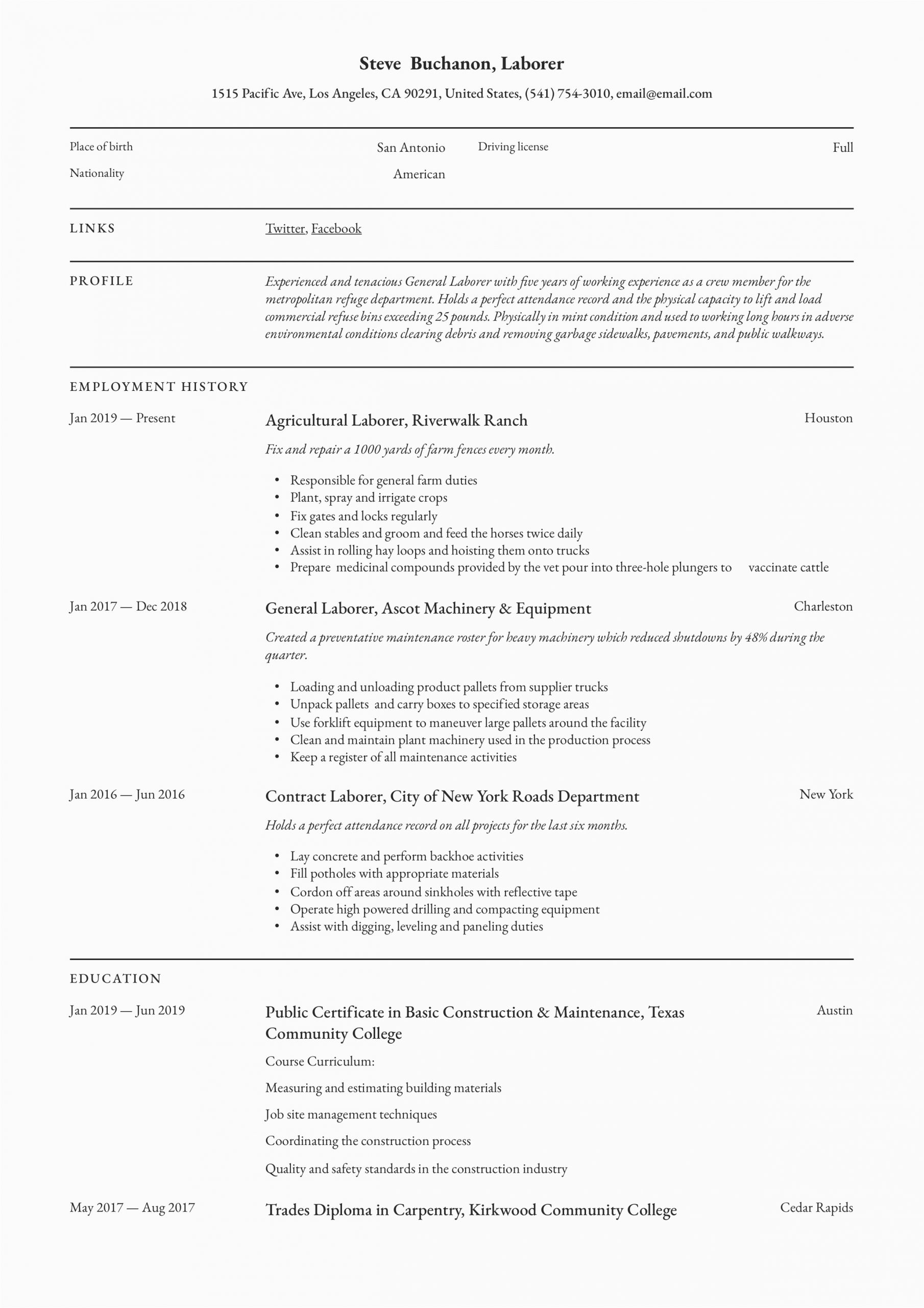 Sample Of Resume for General Labor General Laborer Resume & Writing Guide