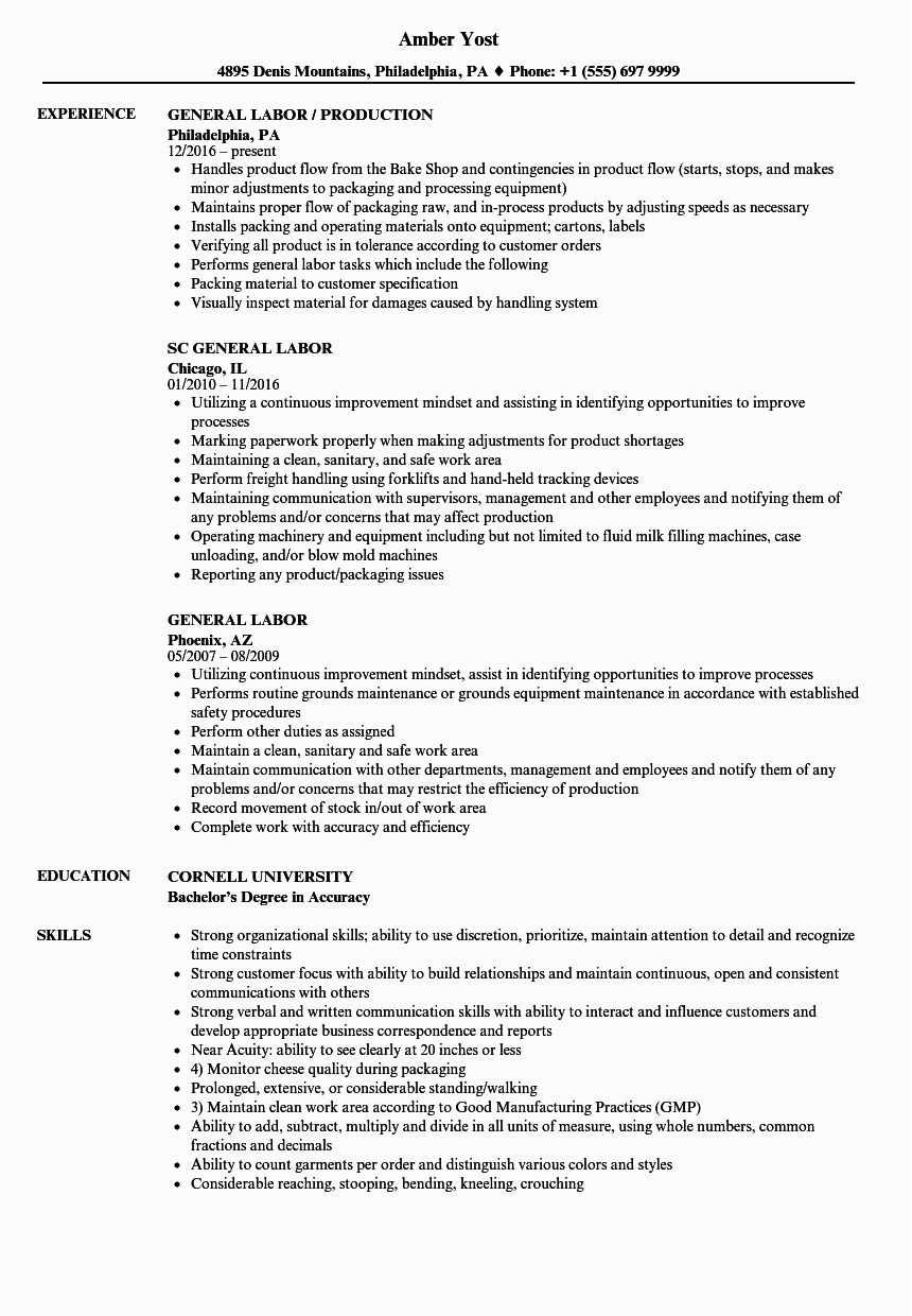 Sample Of Resume for General Labor Resume Samples General Job Laborer Resume