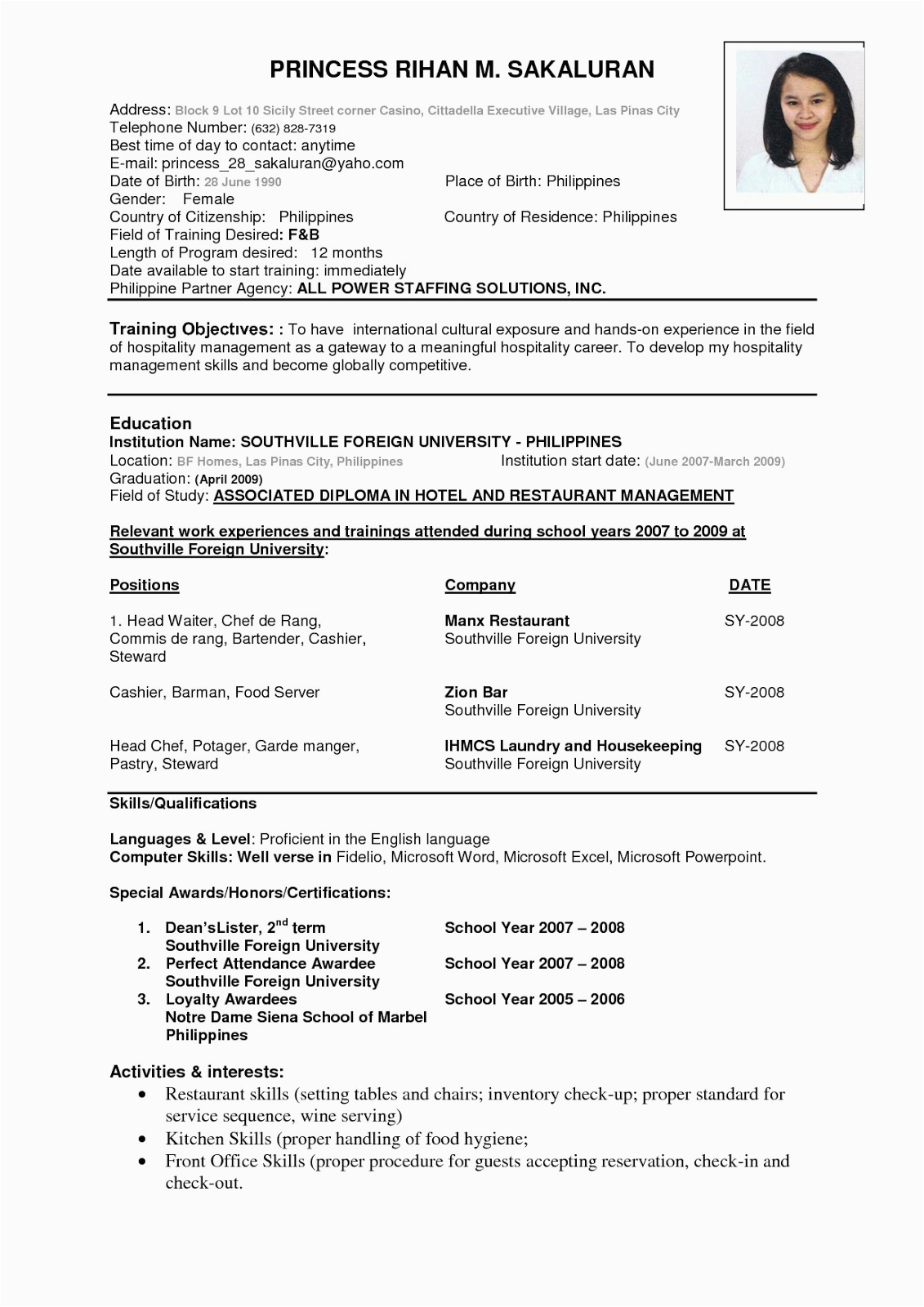 Sample Of Resume for It Students Sample Resume format for Students