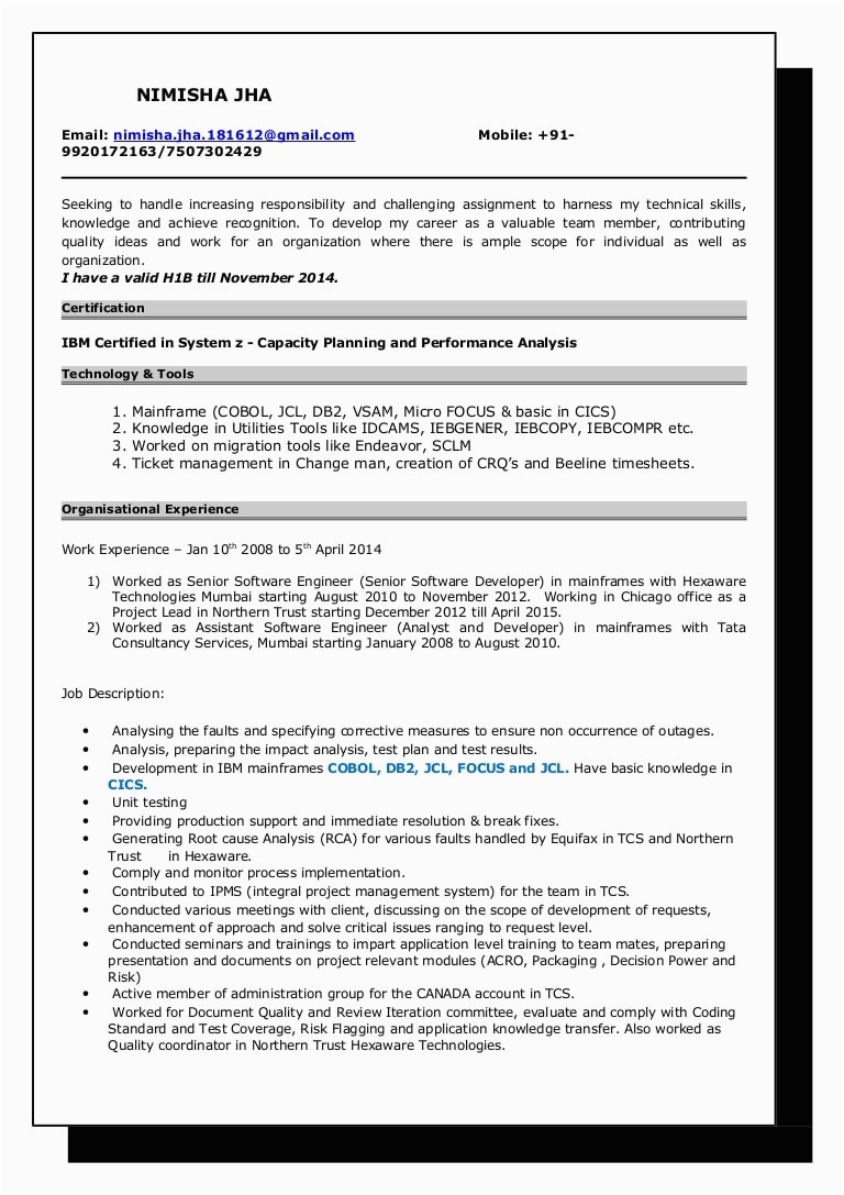 Sample Resume for 2 Years Experienced Mainframe Developer Resume Nimisha Jha Mainframe Developer 6 Years 5 Months