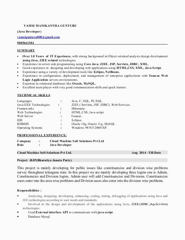 Sample Resume for 8 Years Experience In Java 20 Java Developer Resume 3 Years Experience