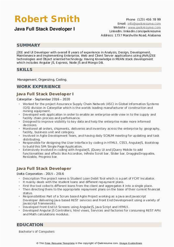 Sample Resume for 8 Years Experience In Java Java Full Stack Developer Resume Samples