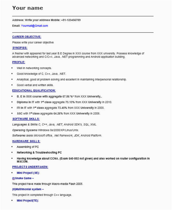 Sample Resume for android Developer Fresher Free 40 Fresher Resume Examples In Psd