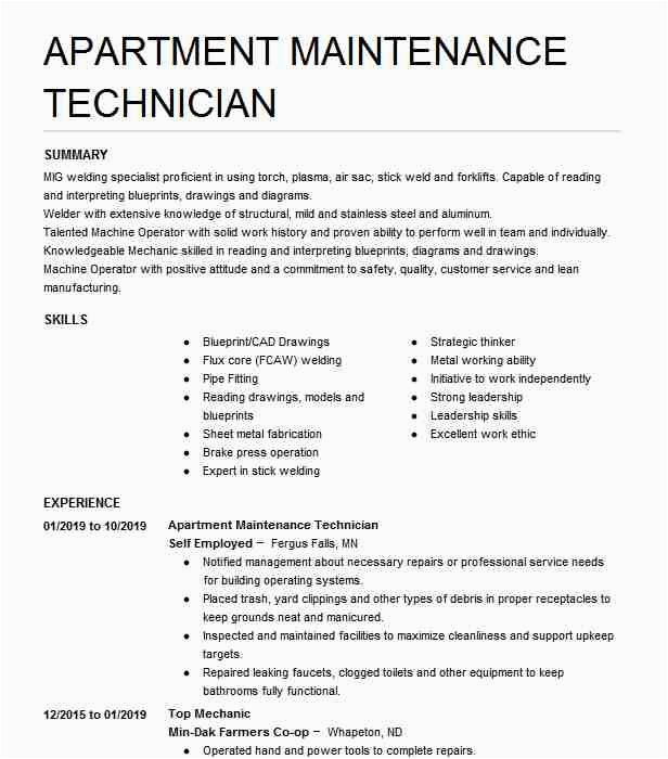 Sample Resume for Apartment Maintenance Worker Apartment Maintenance Technician Resume Example the Lakes