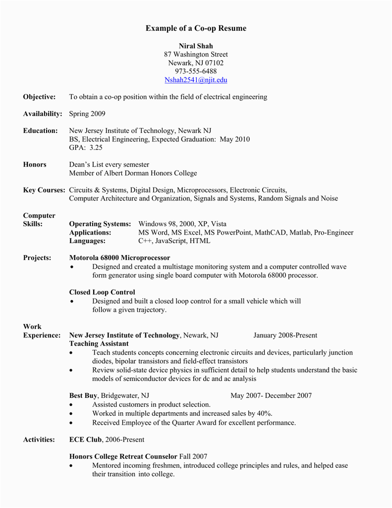 Sample Resume for Co Op Position Example Of A Co Op Resume